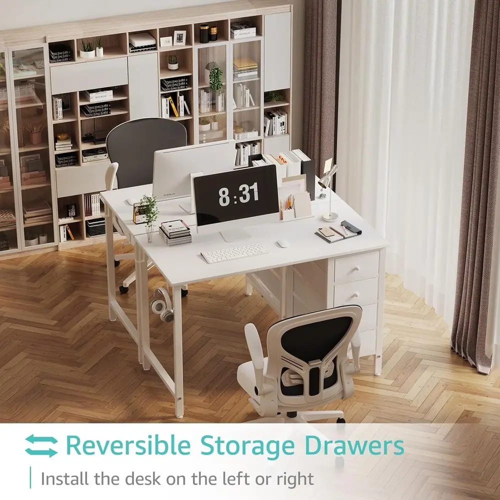 Compact White Desk with Drawers for Kids, 40 Girls Study Desk, Reversible Table for Writing and Manicure in Small Spaces