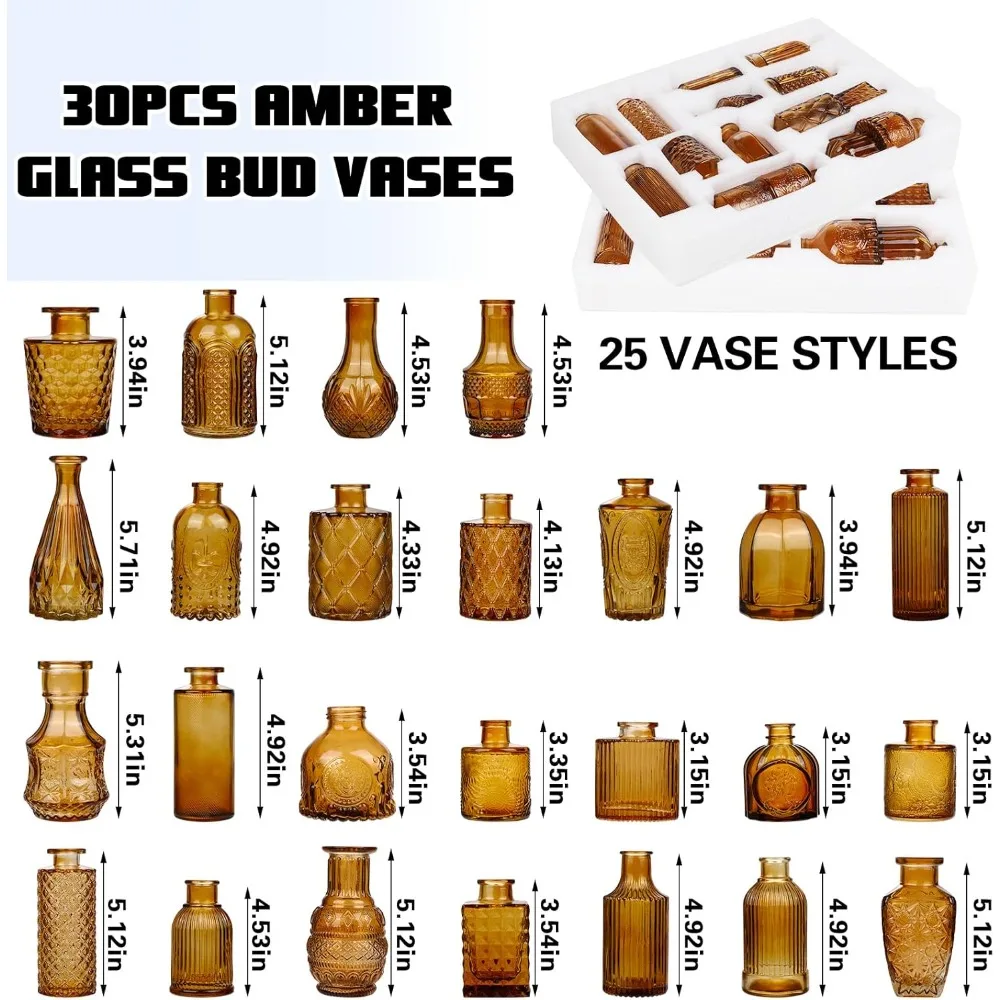 مجموعة مزهرية برعم زجاجي كهرماني مكونة من 30 قطعة - مزهريات زهور صغيرة عتيقة للقطع المركزية والديكورات المنزلية #2