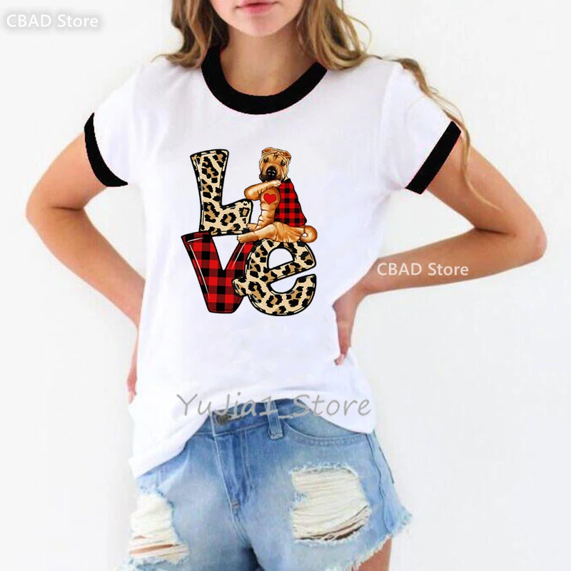 

Boston Terrier/Shar Pei Love Leopard Graphic Print T Shirt Girls Harajuku Kawaii Clothes Dog Lover Tshirt Women Fashion T-Shirt