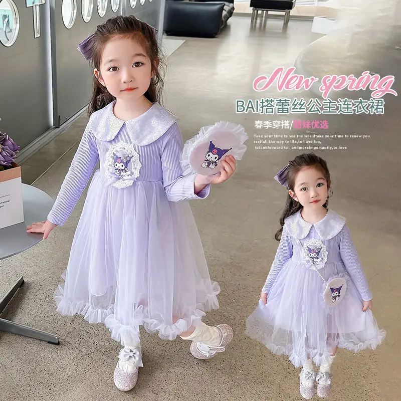 Vestido de Anime Sanrios de manga larga para niña, bonito vestido de princesa Kawaii Kuromi, moda de velo, primavera y otoño, ropa para niños