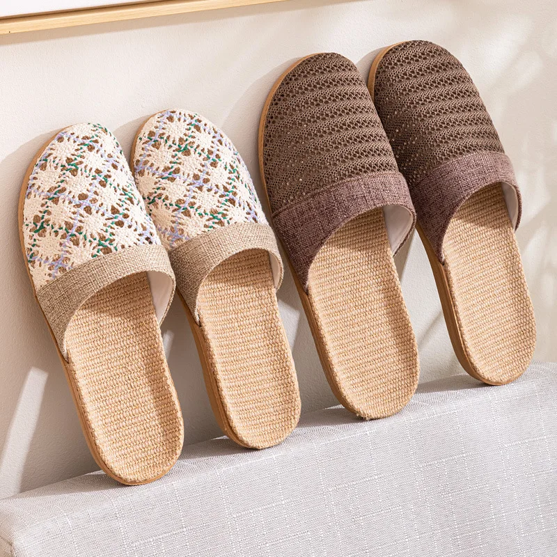 New Oriental Flax Slippers For Women Summer Indoor Home Summer Wooden Floor Slippers For Men Spring And Autumn