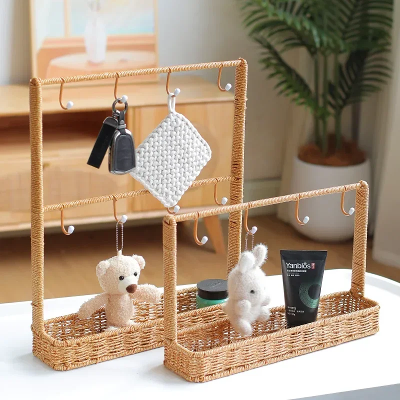 

Imitation Rattan Weaving Storage Rack MultiFunctional Key Holder Foyer Desktop Organize Baskets Hook Design Jewelry Shelf