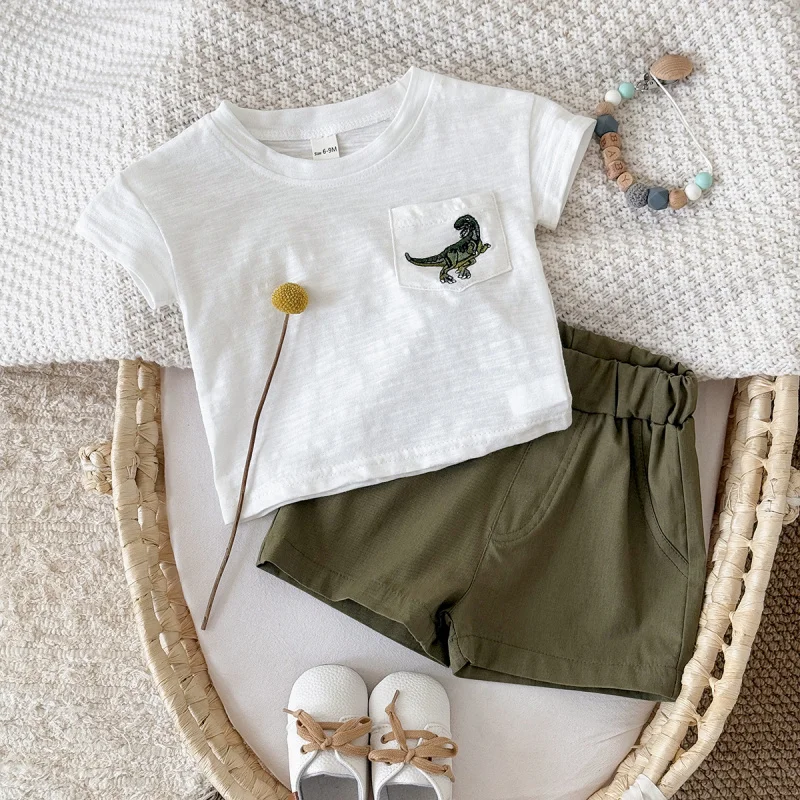 

New children's casual short-sleeve shorts set with dinosaur embroidery, summer round-neck breathable sportswearTTwo-piece shirt