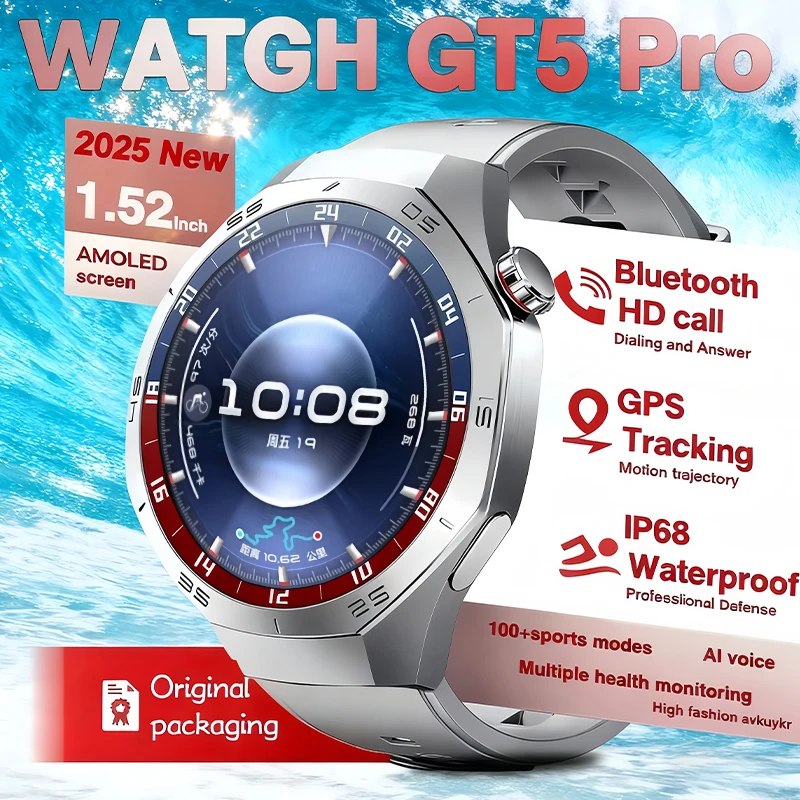 

2025 For IOSWatch GT5 Pro Smart Watch 1.52 Inch HD AMOLED Screen GPS TrackerBluetooth Call Health Monitoring Watch Men Women GT6