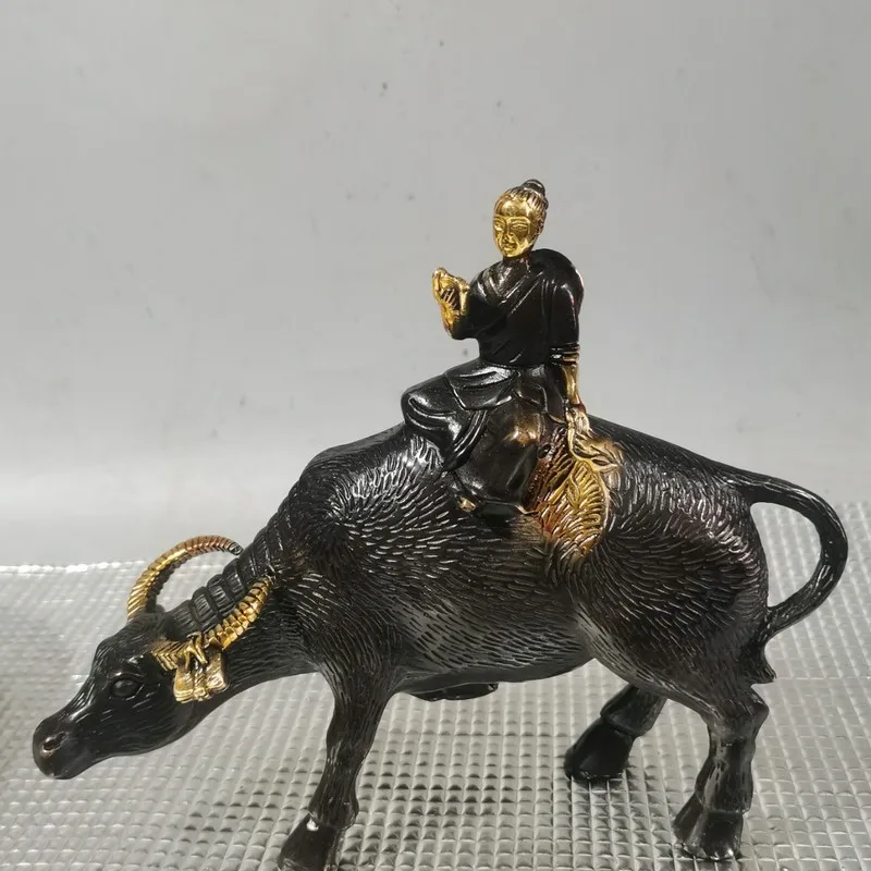 Copper decorative wooden cow figurine, boy riding a cow, home decor, shepherd boy, cow herding craft