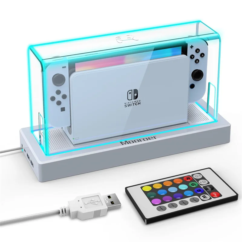 16 LED Colour Lights Dust Cover for Nintendo Switch/OLED Acrylic Clear Display Case Scratch Resistant Waterproof Dock Enclosure