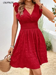 Elegante vestido curto feminino, casual verão, fino, vermelho, sem mangas, vestido de praia, decote em V, linha A, moda natalícia, novo, 2024