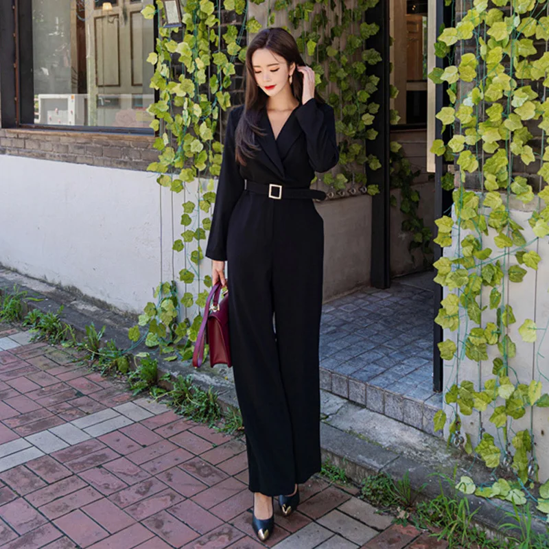 

European Korean Sle One-Piece Pants Waist-Cinching Long Sve V-Ne Godd Look Straight Leg Pants Wide Leg Pants