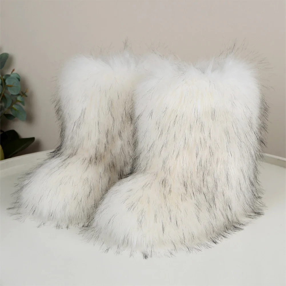 Women Furry Boots Round Toe Faux Fur Boots Warm Comfortable Snow Boots Mid-Calf Boots Winter Boots Outdoor Flat Shoes
