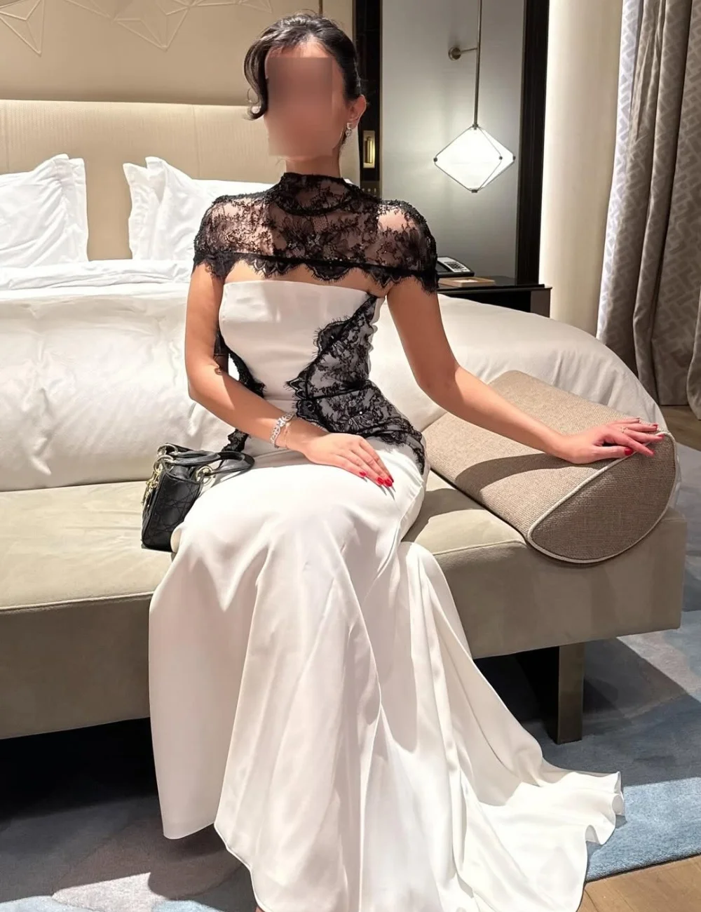 Customized Beige Modest Sexy Jersey Lace Rhinestone Mermaid High Collar Long Dresses Evening Dresses Exquisite