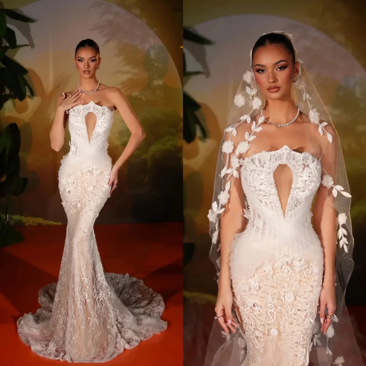 Fancy Wedding Dresses Appliques Pearls Mermaid Bridal Gowns Strapless Sleeveless Princess Slim Fit Customized Vestidos De Novia
