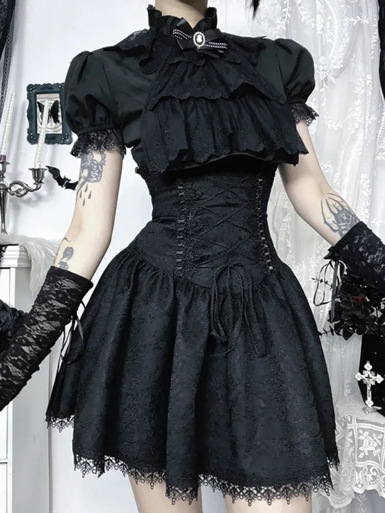

2025 New Vintage Gothic Lolita Skirt Women's Lace Patchwork High Waist Bandage Corset Aesthetic Retro Fairycore Y2k Black Skirts