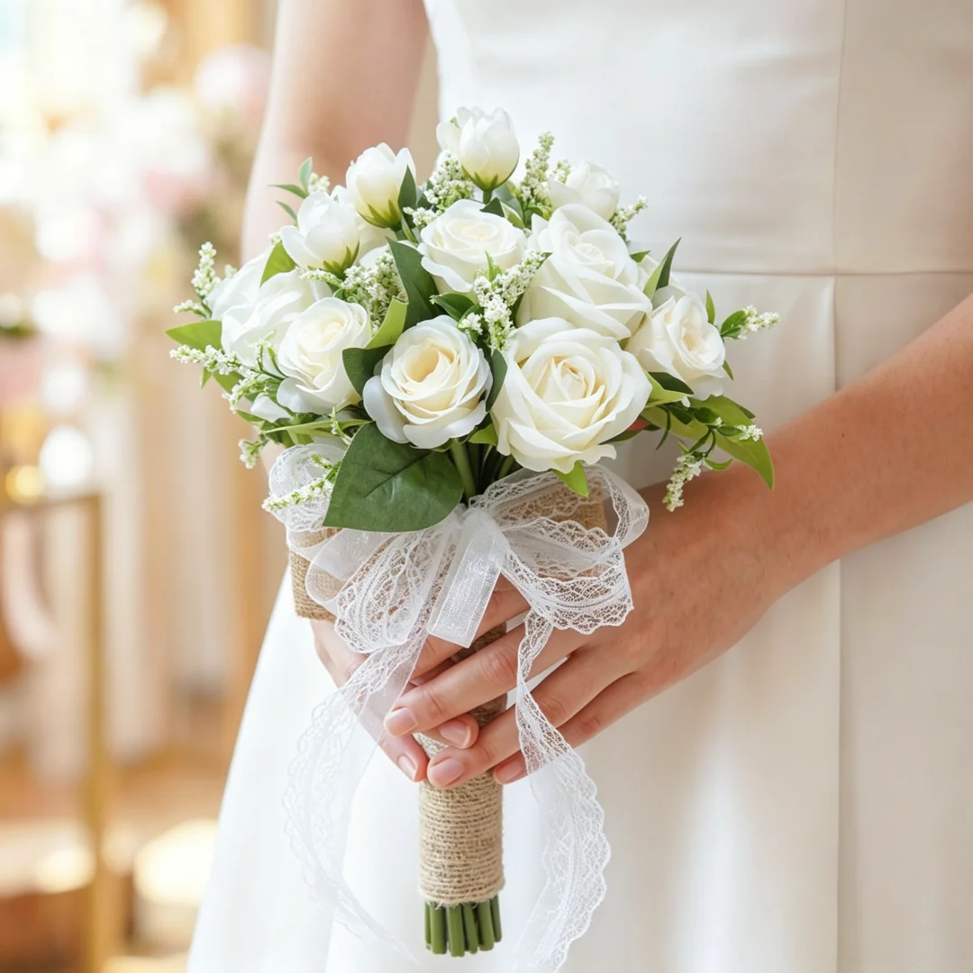 Artificial Rose Bridal Bouquet Lace Burlap Wrapped Faux Flower Handheld Prop for Wedding Bridesmaid Outdoor Portrait Photoshoot