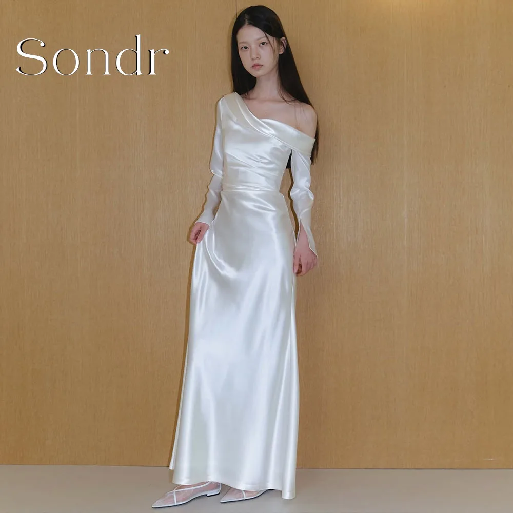 

Sondr Customized One Shoulder A-Line Korean Wedding Dresses Photo Shoot Full Sleeves Simple Bridal Party Gown