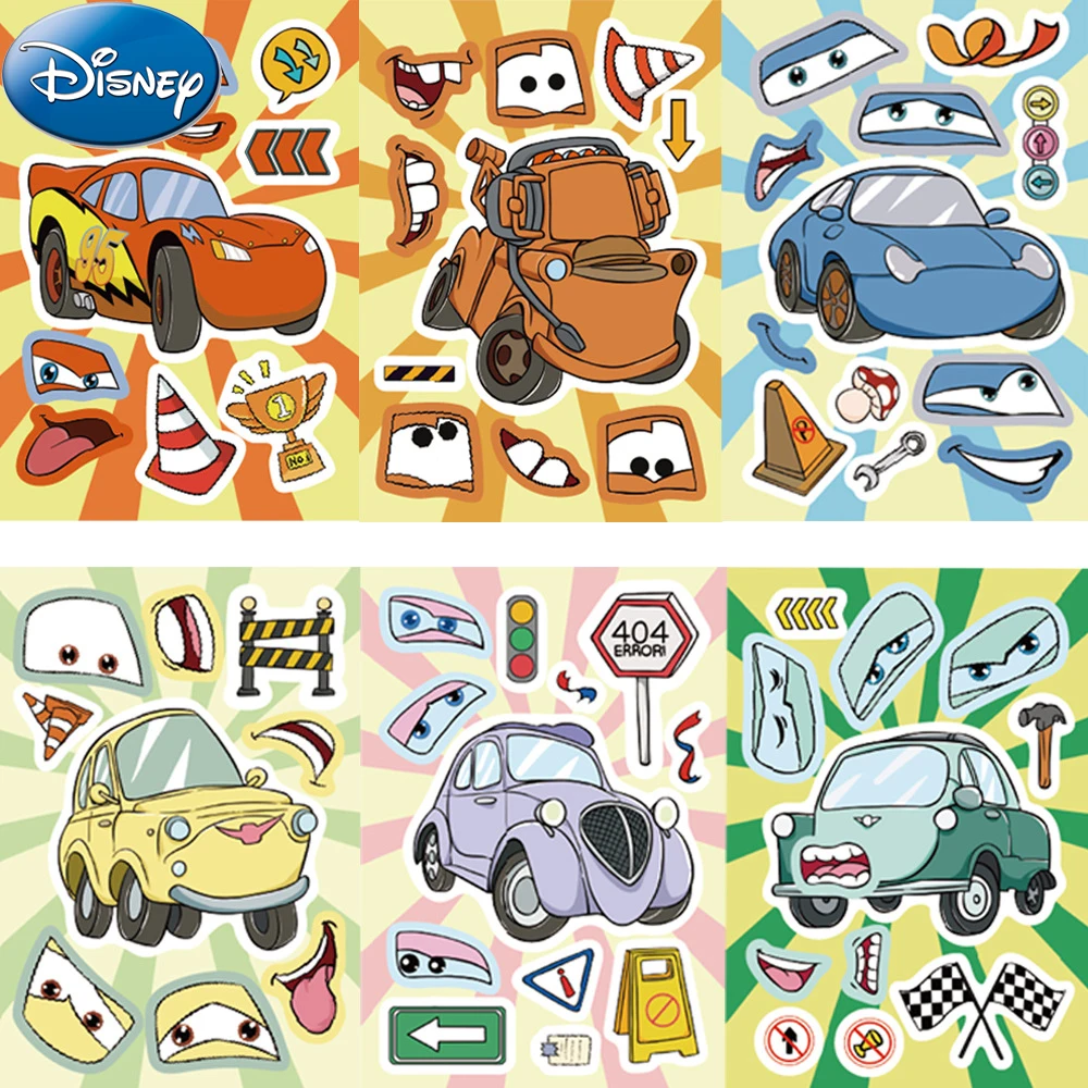 

8/16sheets Disney Anime Cars Puzzle Stickers Make a Face DIY Assemble Jigsaw Decals Cartoon Lightning Mcqueen Kids Sticker Toy