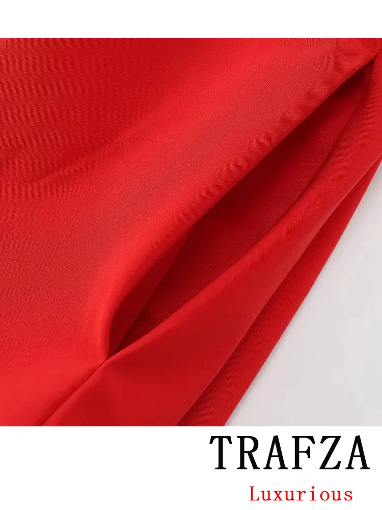 TRAFZA Vintage Chic Casual Sexy Women Dress Red Solid Sleeveless Draped Camisole Mini Vestidos Fashion 2024 Summer Folds Dress