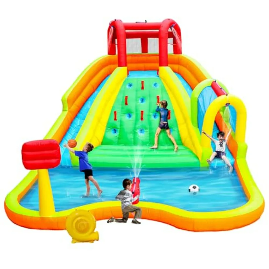 Inflatable Water Double Slides Park for outdoor use, PVC material, blue and yellow, dual-lane wet/dry sliding with arched water