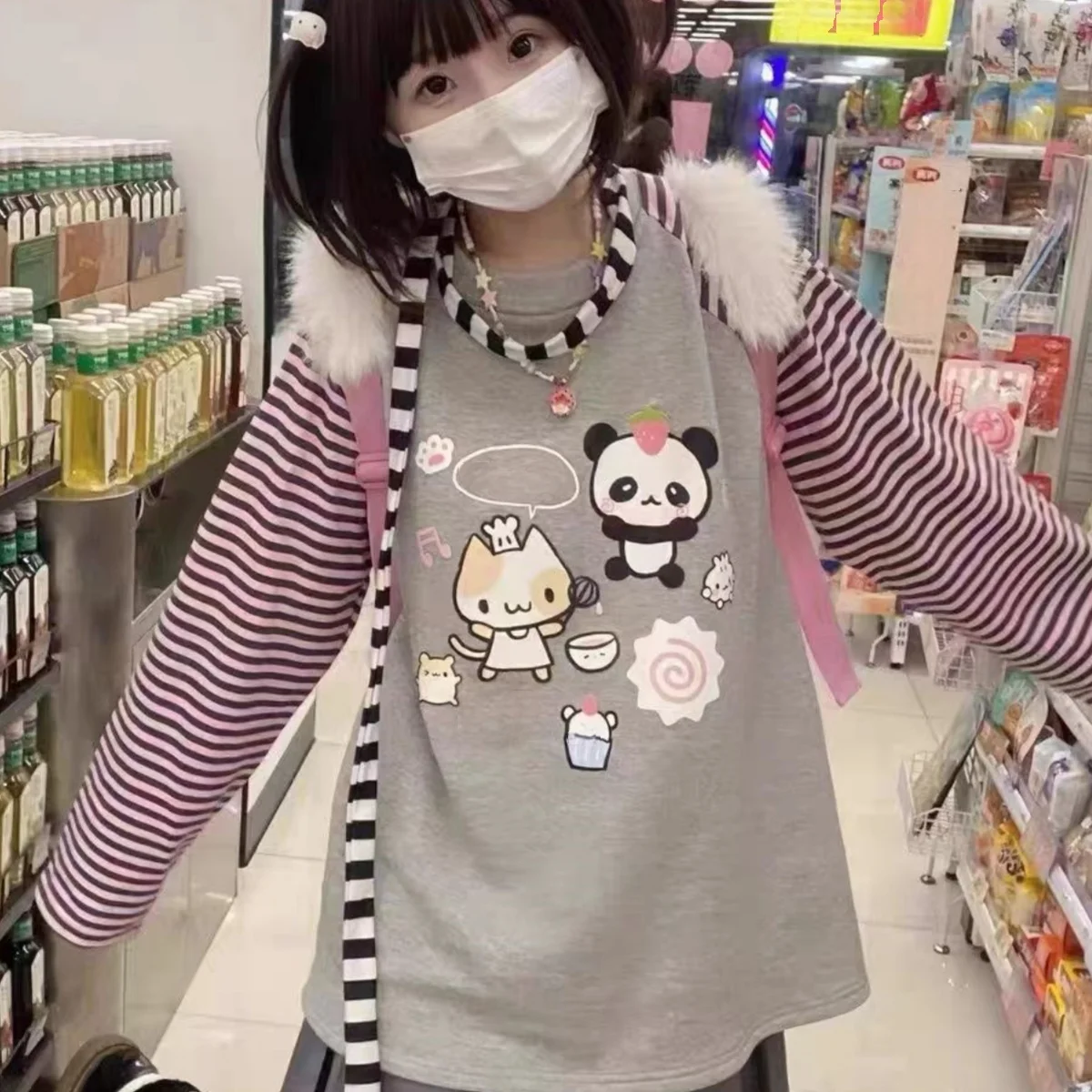 Cartoon Print Cute Girl's Casual Tops & Tees New Matching Sweet Female T-shirts Y2K Youth Women's Blouses Kawaii Cotton T-shirts