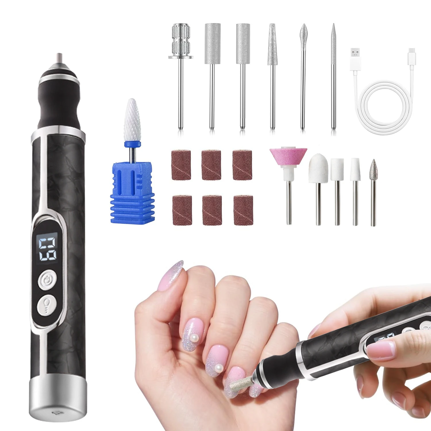 Multi-Functional  Wireless Nail Drill  with UV Lamp & Screen Manicure Cutter Nail Repair Pedicure Milling Cutter Polisher Sander