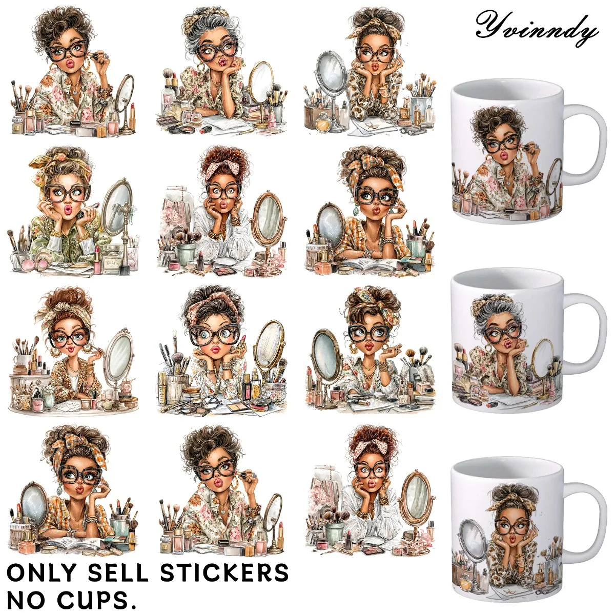 UV-DTF-Transferblätter, Mark Cup Wraps, 12 Stück Vain Woman Patterns, zufällige Designs, UV-DTF-Transferpapier, wasserfest