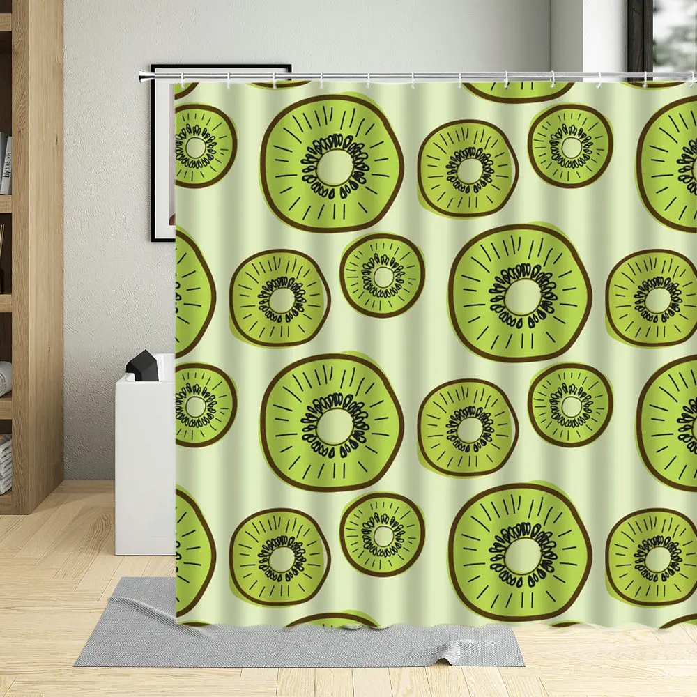 Kiwi Tropical Fruit Green Pattern Kitchen Decor Screens Fabric Waterproof Bathroom Bath Curtains Shower Curtain With 12 Hooks