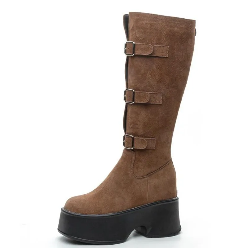 

11CM Genuine Leather Women Boots Knee High Fashion British Ankle Spring Belt Buckle Rider Boots Autumn Platform Wedge Shoes