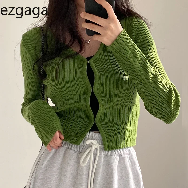 Ezgaga Cropped Cardigan Women V Neck Covered Button Solid Stretch Thin Spring Long Sleeve Knitted Tops Casual Lady Sweater