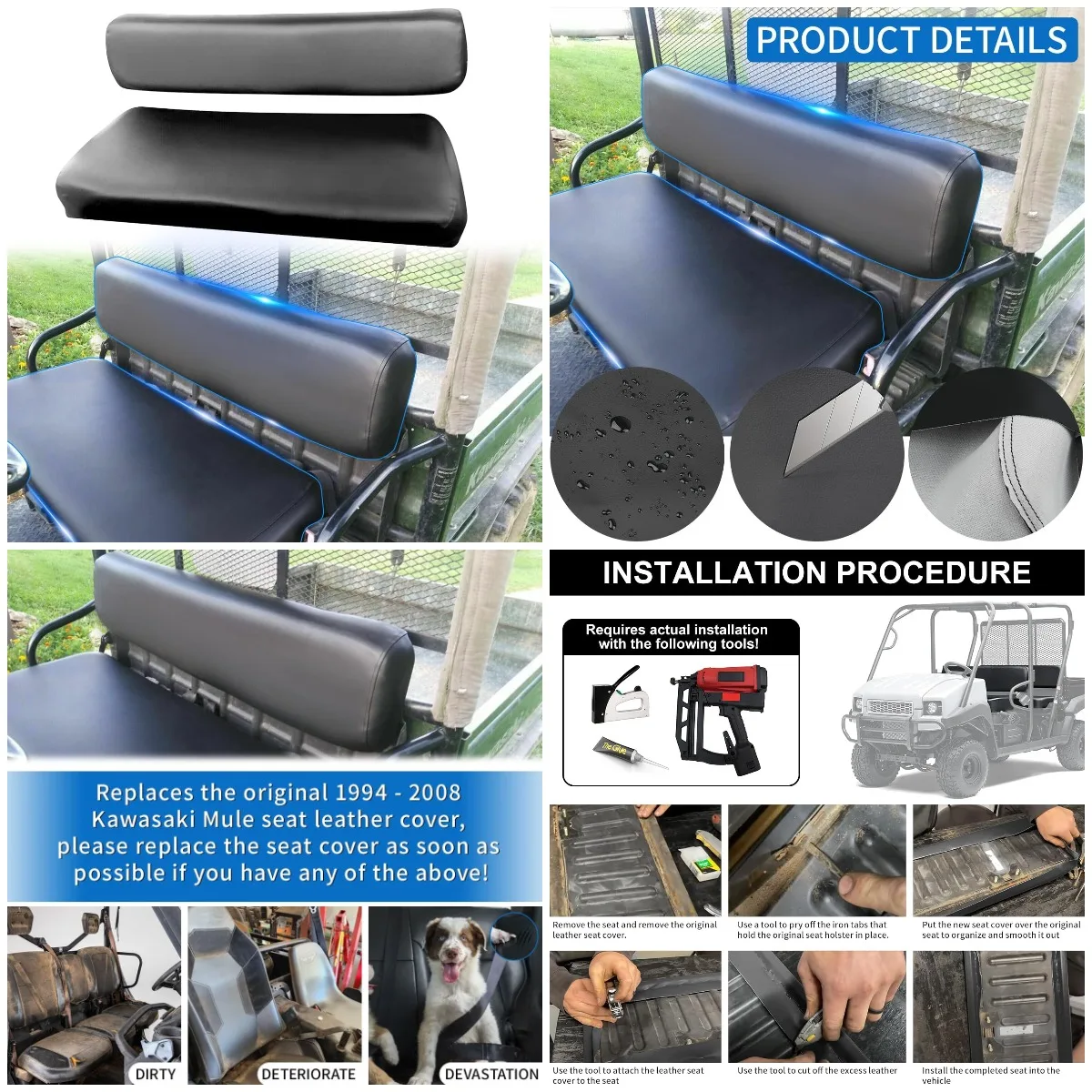 

Front Bench Seat Cover for 1993-2008 Kawasaki Mule 2500-3010, Waterproof Soft Leather Replacement