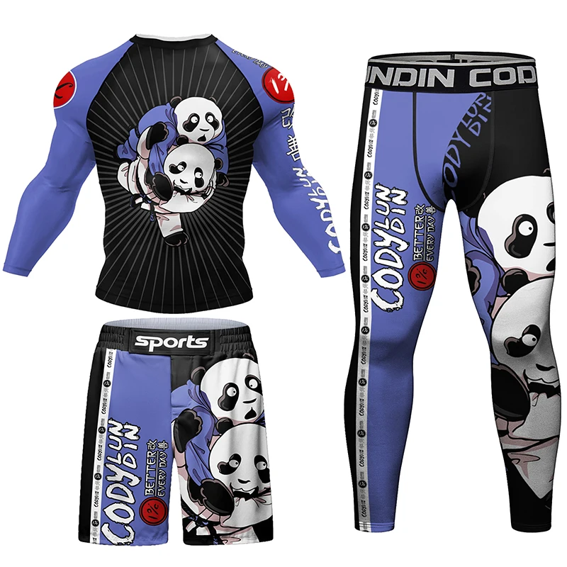 Customized Boxing Jiu Jitsu MMA T-shirt +Shorts 4Pcs/set Rashguard Men MMA Compression Clothing Bjj Gi Kickboxing Sportswear