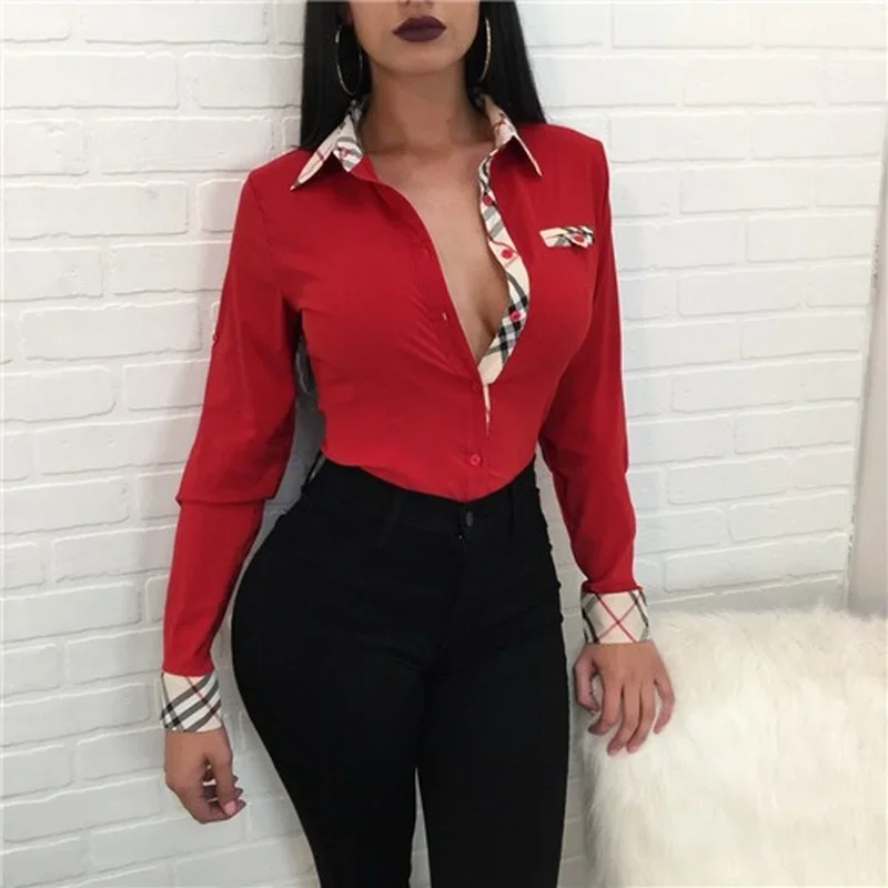 

Fashion Women Shirts Spring Lapel Long-sleeved Button Top Vintage Plaid Print Elegant Casual Sexy Slim Ladies Work Blouse Roupas