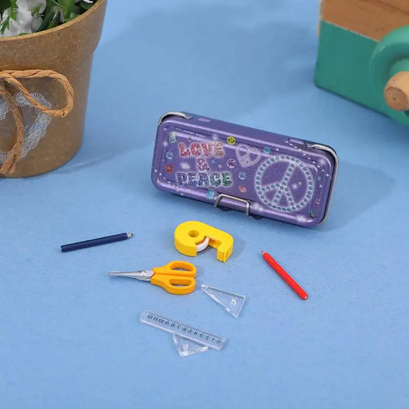 The New Doll House Simulation Mini Double-layer Iron Box Pencil Case Ruler Color Pen Set Miniature Scene Decoration