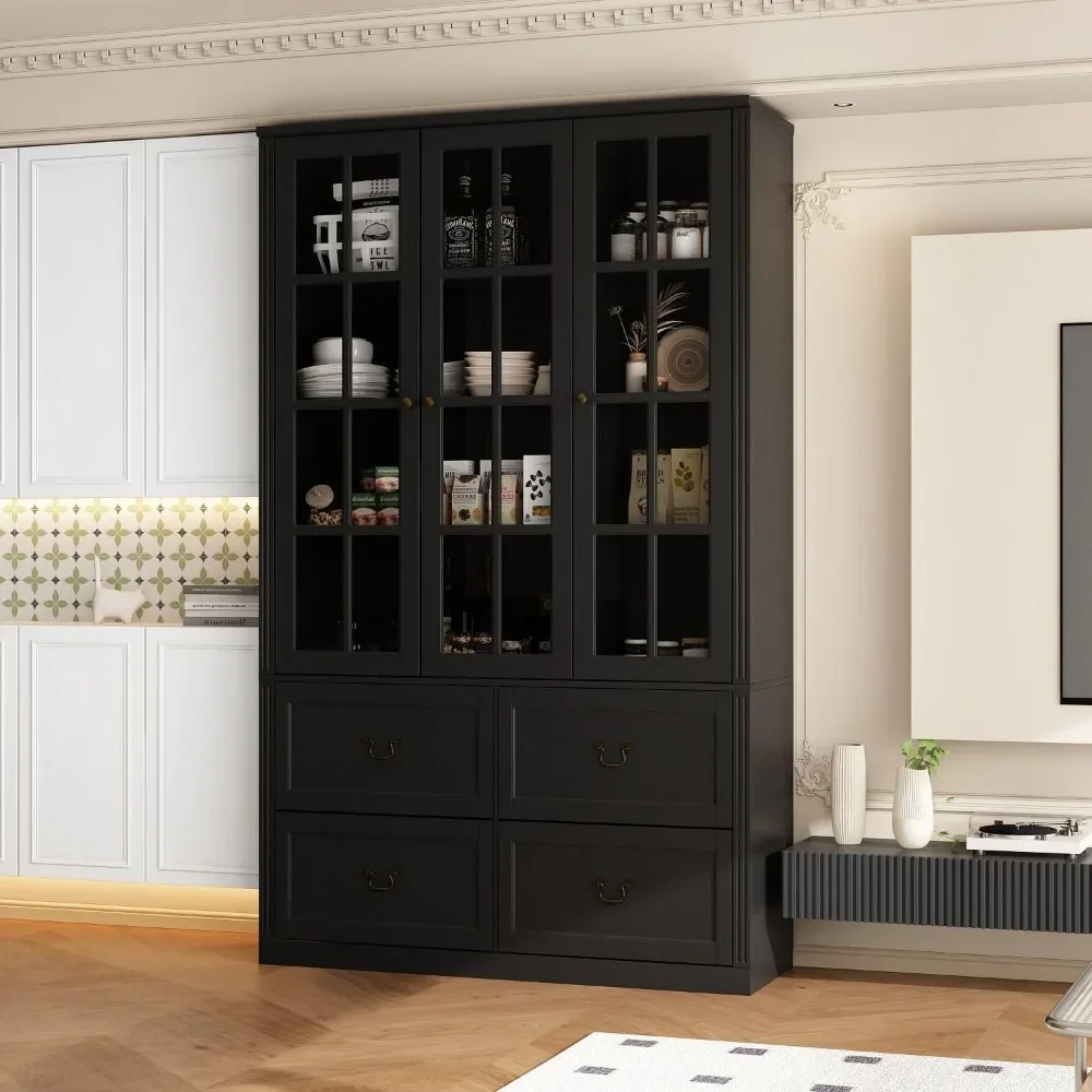 Kitchen Cabinets with 3 Glass Doors Pantry Cabinet with 4 Drawers Pantry Furniture with Adjustable Shelves