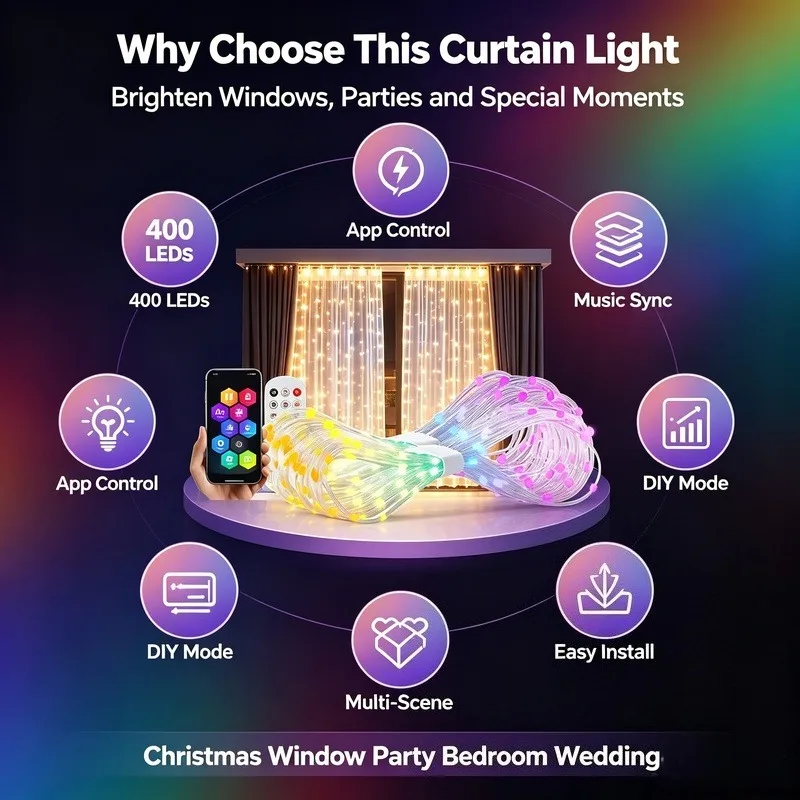 LED Curtain Lights USB Powered, App Controlled DIY Window Fairy Lights for Holiday Party Decor