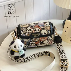 Beibaobao 2024 New Summer Bag Women's Trendy Wide Shoulder Strap Canvas Bag Cartoon Bear Single Shoulder Crossbody Bag