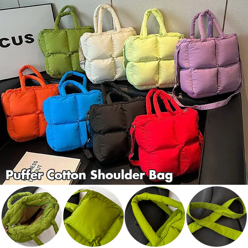 

Women's Winter Puffer Tote Bag Quilted Cotton Padded Shoulder Bag, Large Capacity Square Handbag with Checkered Embroidery