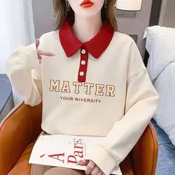 2023 Spring and Autumn Women's Contrast Color Polo Neck Long Sleeve Button Letter Embroidery Loose Pullovers Fashion Casual Tops