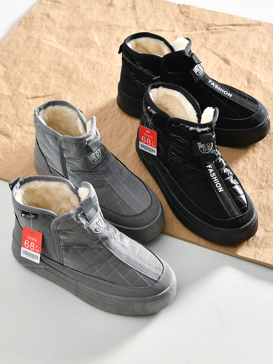 

Warm Fleece Lined Winter Snow Boots Men's Outdoor Casual Shoes Windproof Waterproof Ultra-Leather Booties Short Tube Closure