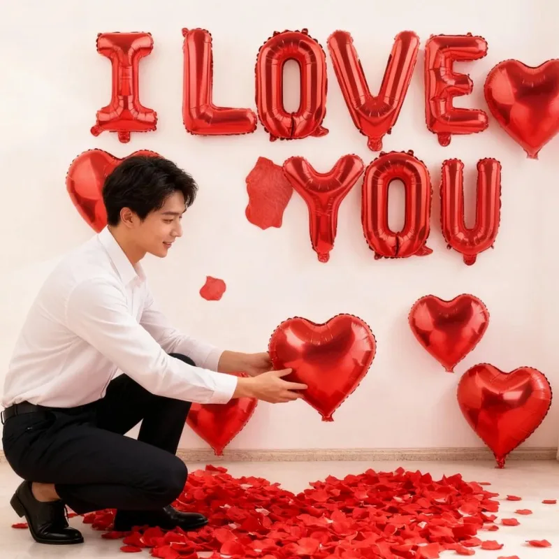 Valentinstag-Ballon-Set mit rotem Herz, aufblasbarer Aluminiumfolienballon mit rotem simulierter Seidenblütenblatt, Geburtstags- und Hochzeitsdekoration