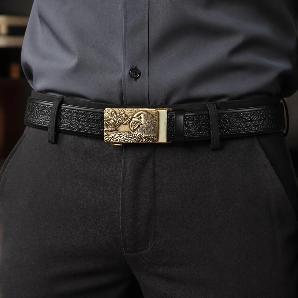 Black Eagle Carved Genuine Leather Automatic Buckle Belt Multiple Length Choices Jeans Trousers Business Fashion Wardrobe Punk