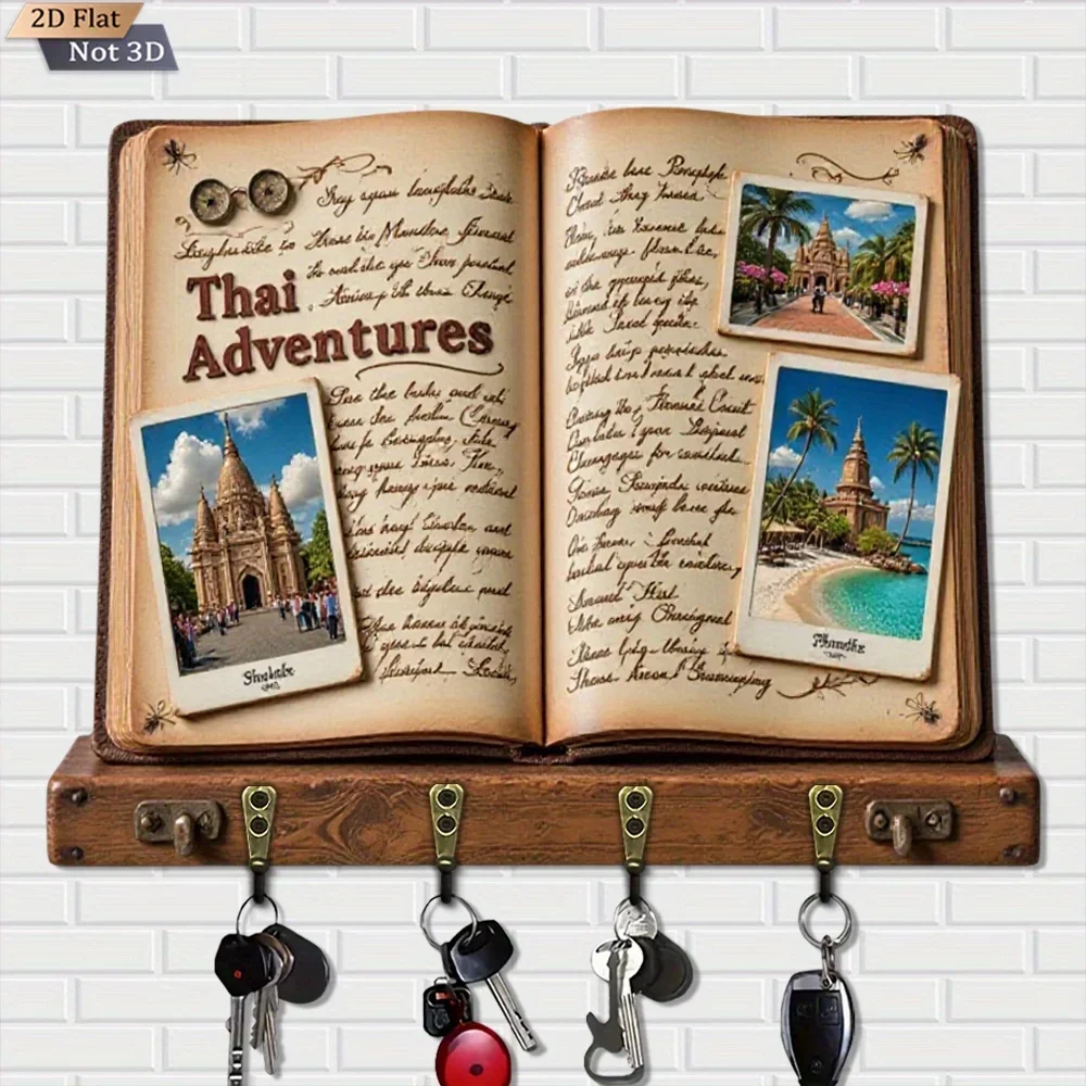 2D Flat Design, 1pc, Retro Thai Adventure Key Hook Wooden Multifunctional Home Key Holder with Four Metal Hooks, Wall