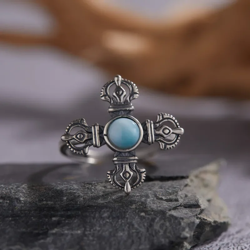 S925 sterling silver natural jasper powder Opal sea pattern stone colored treasure ring retro old cross ethnic style new