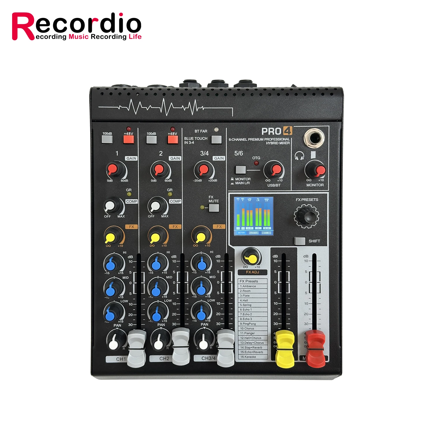 

GAX-PRO4 BT Mini 6-Channesl Mixing Console with 16 Types of Reverb Professional Stage Reverb OTG Connection Mini Mixing Console