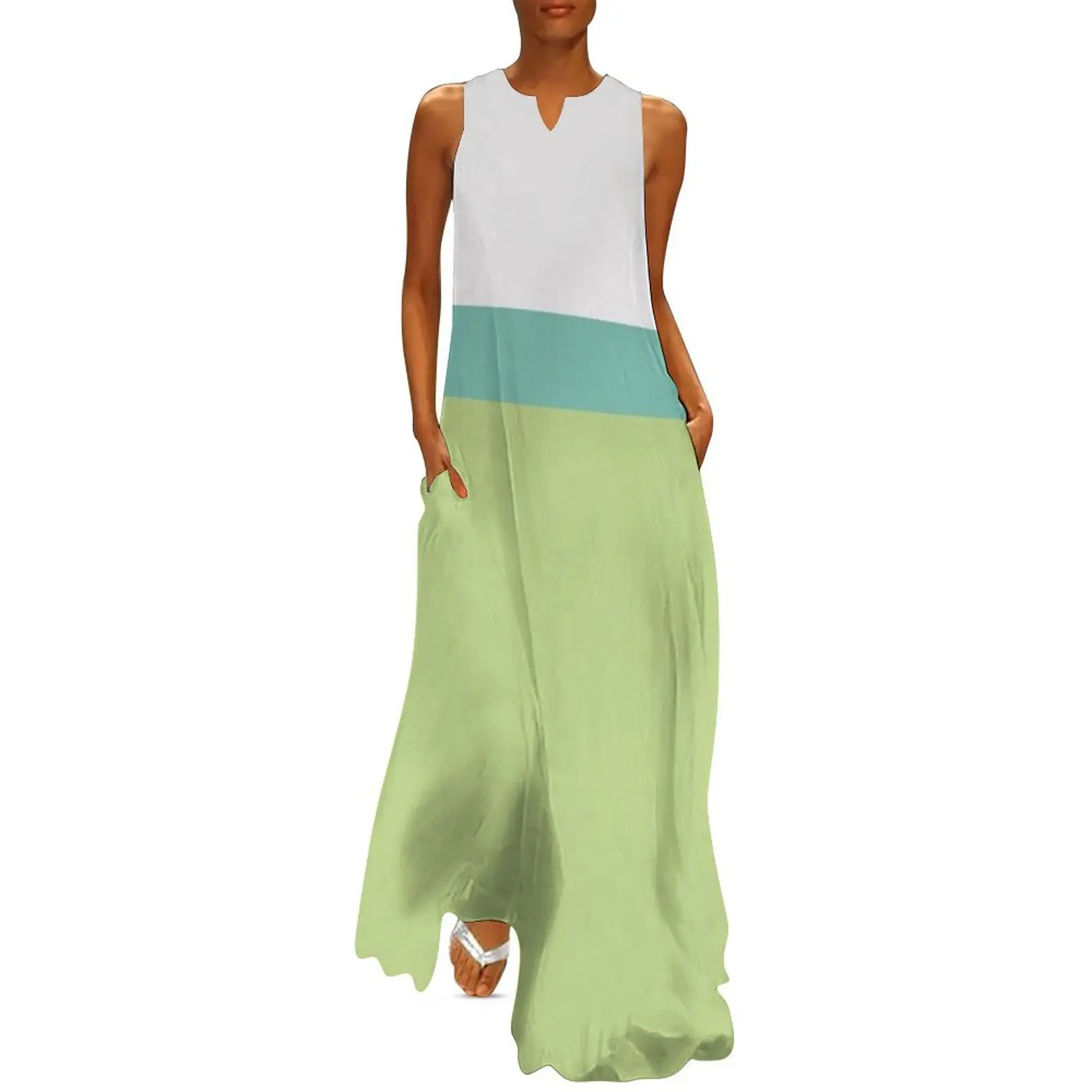 

Summer Wave Minimalist Slanted Color Block Design in Aqua Blue, Pale Lime Green, and White Long Dress