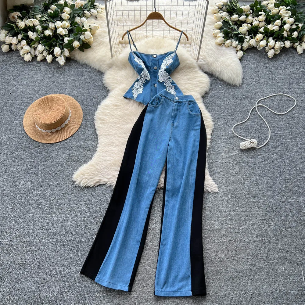 ジーンズスーツ レディース デニム ツーピースセット レーススリングトップ キャミソール ワイドレッグパンツ パッチワークボタン トラウザーズ アウトフィット サマーアンサンブル