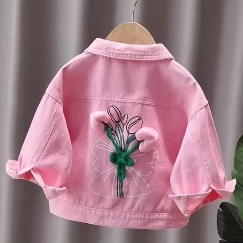 

Girls Jackets Coat Fashionable Girl Baby Cute Back 3D Small Flower Pink Denim Coat 2024 New Spring and Autumn Girls Top