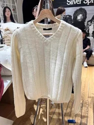 Sweet Beige Thick Knitted Sweater Women Autumn Warm Cotton V Neck Casual Pullover Tops Harajuku Vintage Cute Short Sweaters Y2k