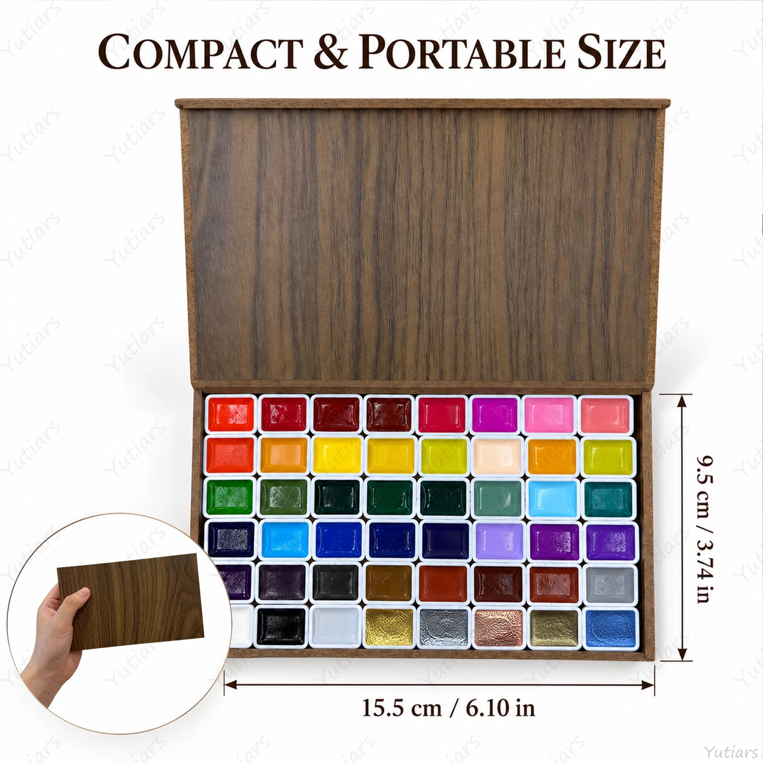 Wooden Watercolor Paint Set 48 Colors, 43 Solid + 5 Pearlescent, Portable Compact Palette for Artists, Painting and Travel