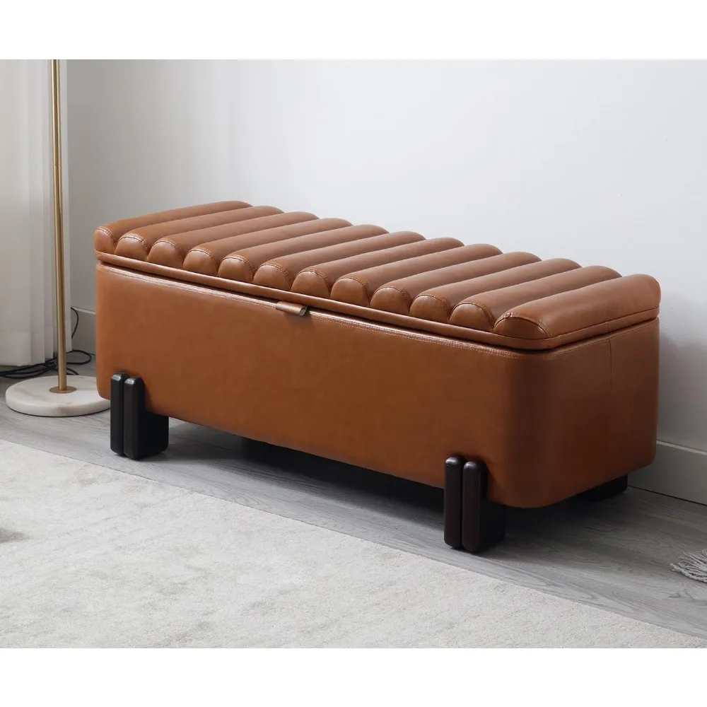 

45" Storage Bench PU Leather Entryway Bench Upholstered Ottoman Bench with Wavy Top & Safty Hinge for Bedroom Living Room Hallw