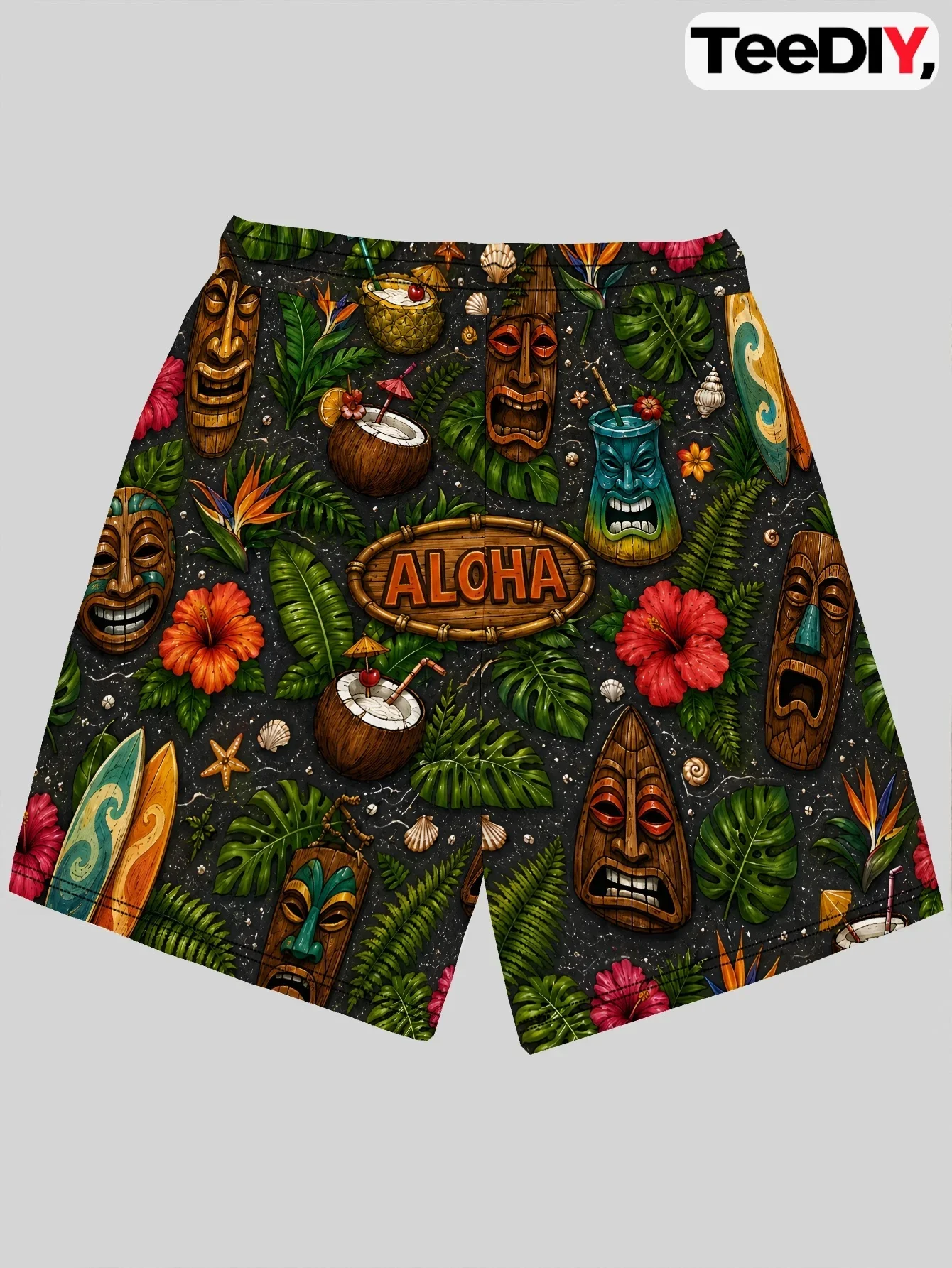 Hawaii Luau Party Tiki Cabin Torch Tiki Totem Exotic Floral All Over Print Men Elastic Waist Quick Dry Beach Pants