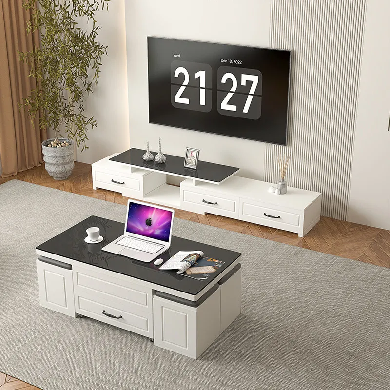 Multifunctional retractable folding coffee table dining table dual-purpose small apartment simple solid wood TV cabinet combinat